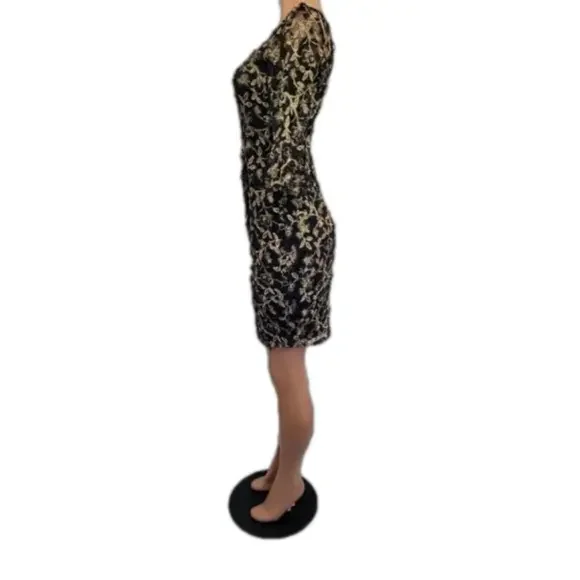 Adrianna Papell Black Gold Metallic Embroidered Sheath Dress 4 - Picture 7 of 14